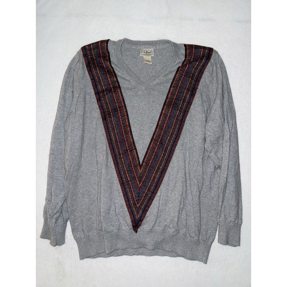 LL Bean Sweater Mens XL Gray Rainbow Cotton Cashmere V Neck‎ Aztec Knit Colorful